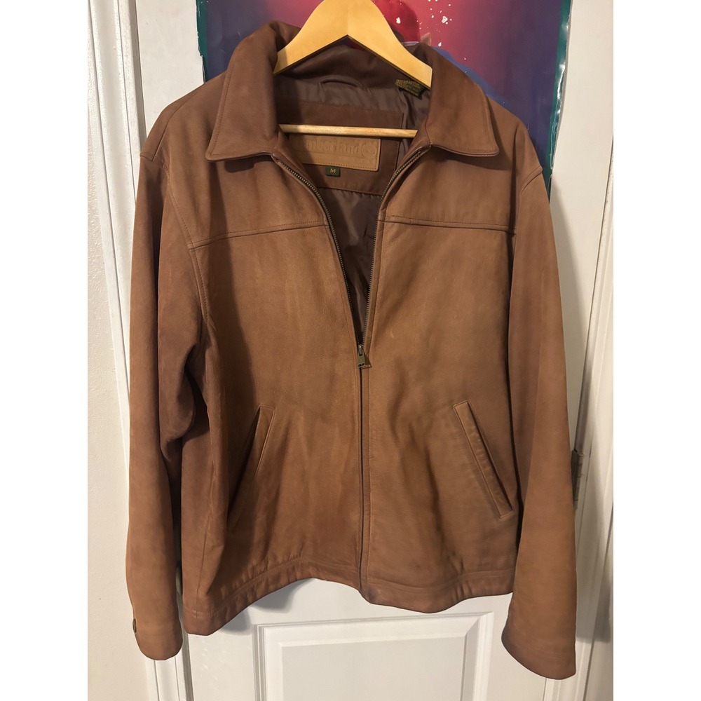 Timberland Mens Brown Genuine Cowhide Leather Full Zip Jacket vintage medium